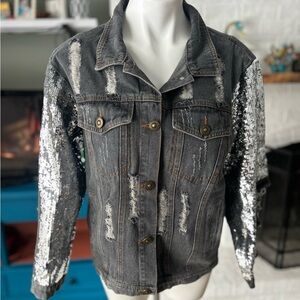 Bibi denim and sequined jacket distressed gray/black washed look